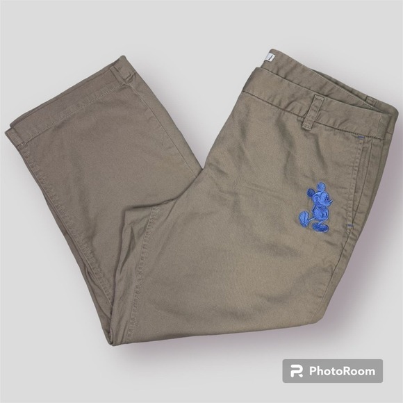 Disney Parks Khaki Tan Capri Pants Blue Embroidered Mickey Mouse Women's Size 12 - Picture 1 of 12